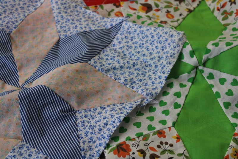 photo of lot of hand stitched quilt blocks star flower patchwork, 60s 70s vintage fabrics prints & colors #6