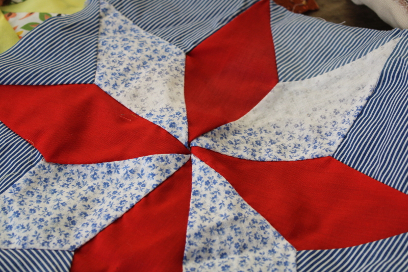 photo of lot of hand stitched quilt blocks star flower patchwork, 60s 70s vintage fabrics prints & colors #7