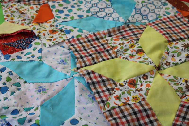 photo of lot of hand stitched quilt blocks star flower patchwork, 60s 70s vintage fabrics prints & colors #8