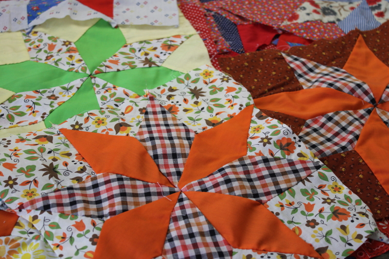 photo of lot of hand stitched quilt blocks star flower patchwork, 60s 70s vintage fabrics prints & colors #9