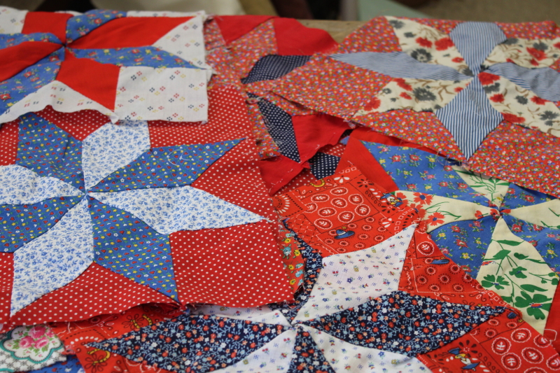 photo of lot of hand stitched quilt blocks star flower patchwork, 60s 70s vintage fabrics prints & colors #10