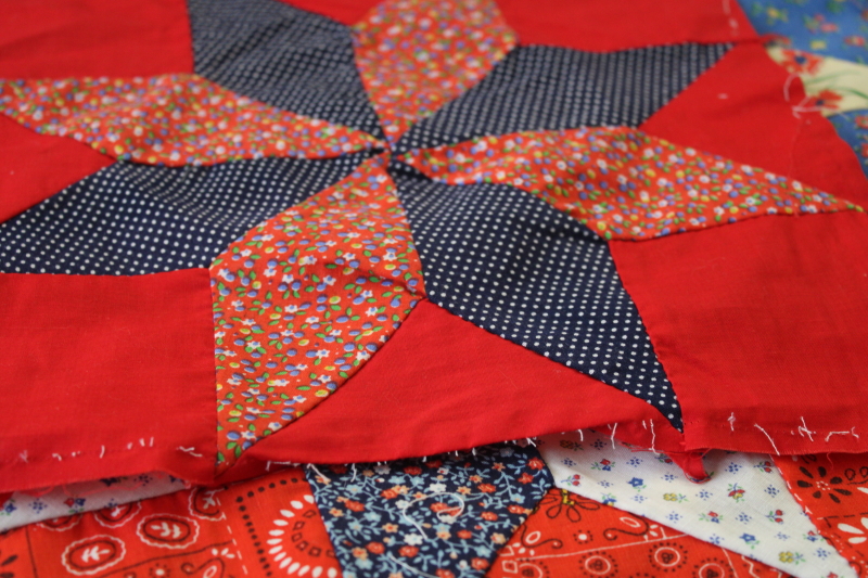 photo of lot of hand stitched quilt blocks star flower patchwork, 60s 70s vintage fabrics prints & colors #11