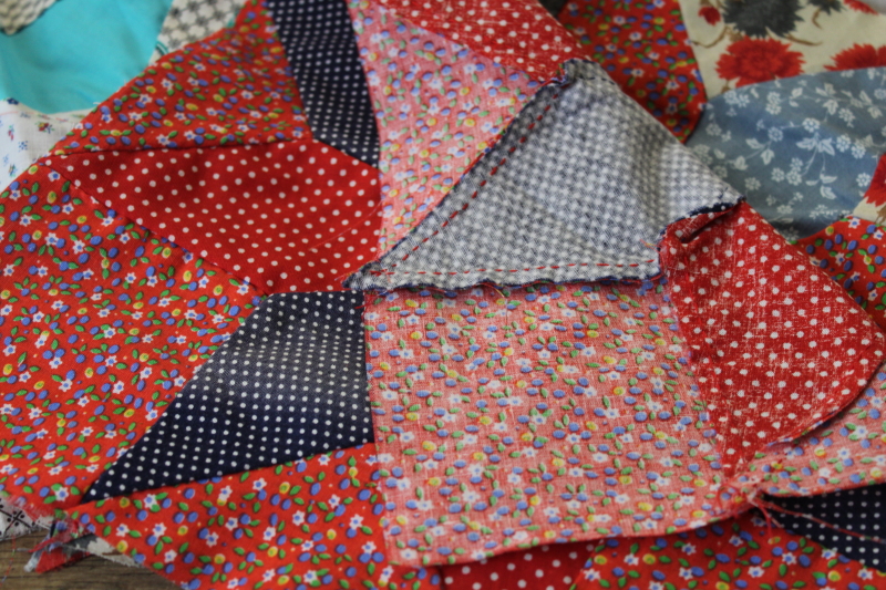 photo of lot of hand stitched quilt blocks star flower patchwork, 60s 70s vintage fabrics prints & colors #12