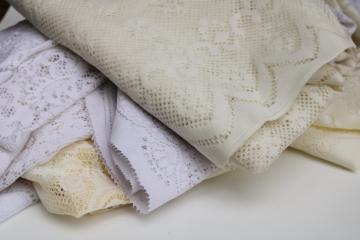 catalog photo of lot of holiday lace tablecloths, Christmas patterns poly lace for table covers, curtains or fabric