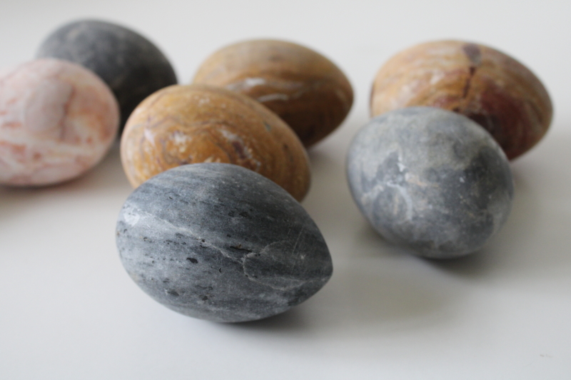 photo of lot of large carved stone eggs, weathered natural stone marble grey, granite, golden brown jasper #3