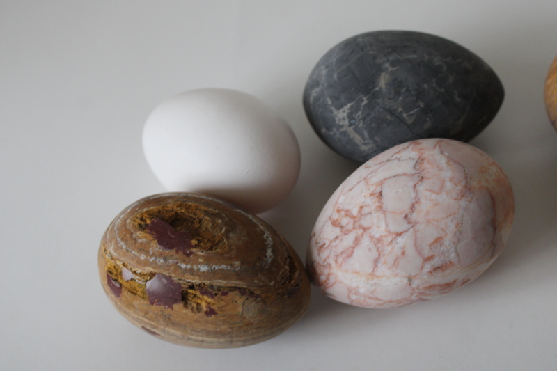 photo of lot of large carved stone eggs, weathered natural stone marble grey, granite, golden brown jasper #4