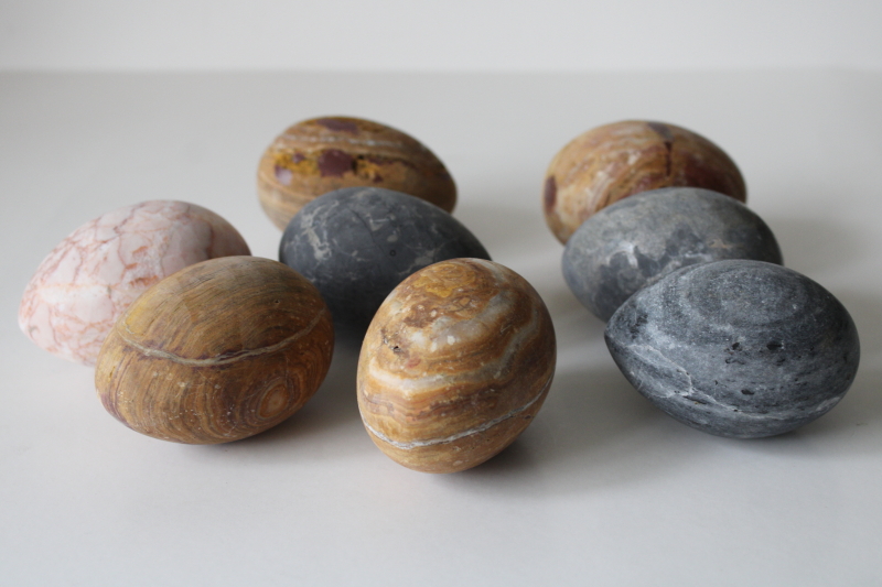 photo of lot of large carved stone eggs, weathered natural stone marble grey, granite, golden brown jasper #5