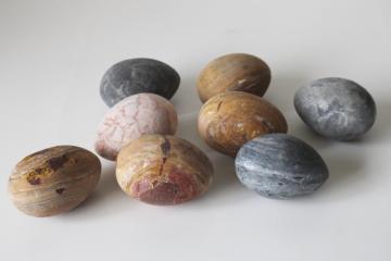 lot of large carved stone eggs, weathered natural stone marble grey, granite, golden brown jasper 