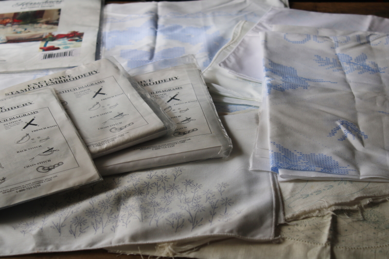 photo of lot of linens stamped for embroidery, Herrschners pieces to embroider, vintage & modern #1