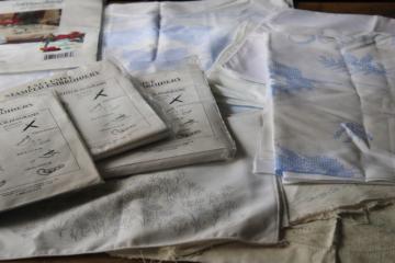 catalog photo of lot of linens stamped for embroidery, Herrschners pieces to embroider, vintage & modern