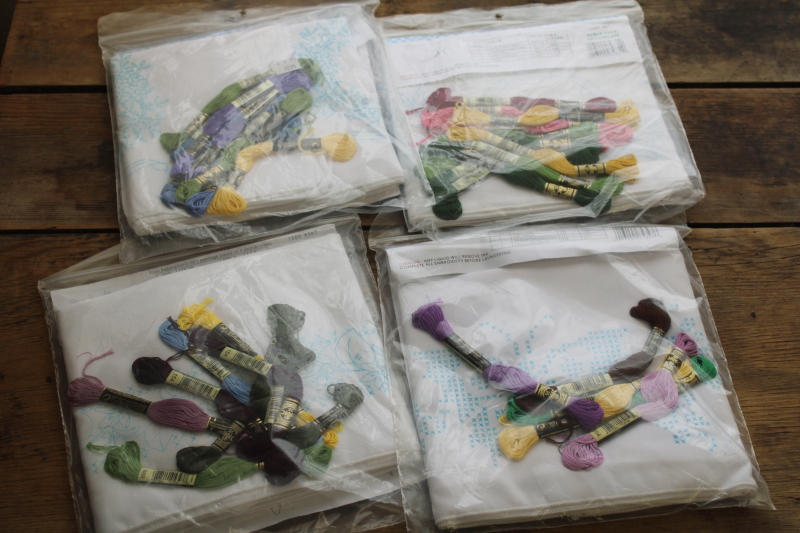 photo of lot of linens stamped to embroider, 4 pairs pillowcases w/ embroidery floss included  #1