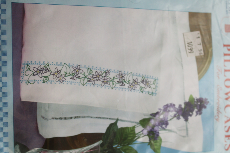 photo of lot of linens stamped to embroider, 4 pairs pillowcases w/ embroidery floss included  #2