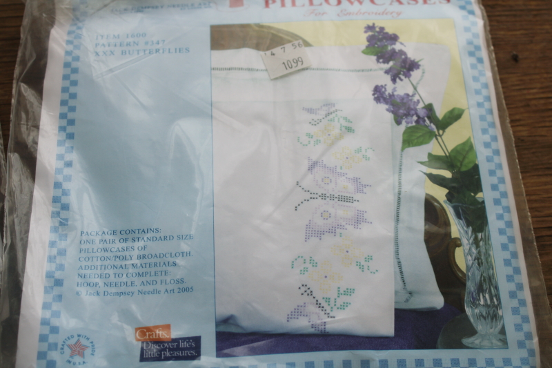 photo of lot of linens stamped to embroider, 4 pairs pillowcases w/ embroidery floss included  #5