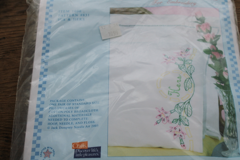 photo of lot of linens stamped to embroider, 4 pairs pillowcases w/ embroidery floss included  #8