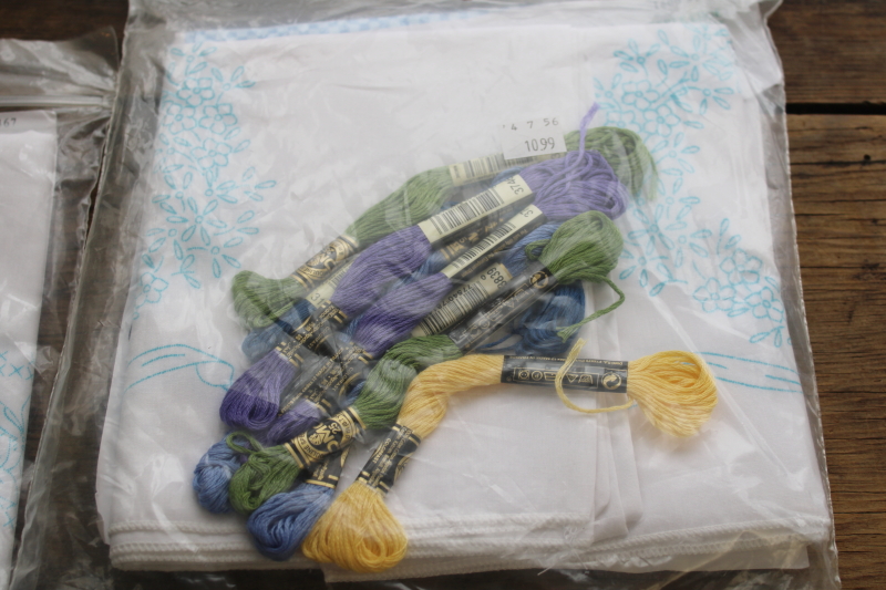 photo of lot of linens stamped to embroider, 4 pairs pillowcases w/ embroidery floss included  #9