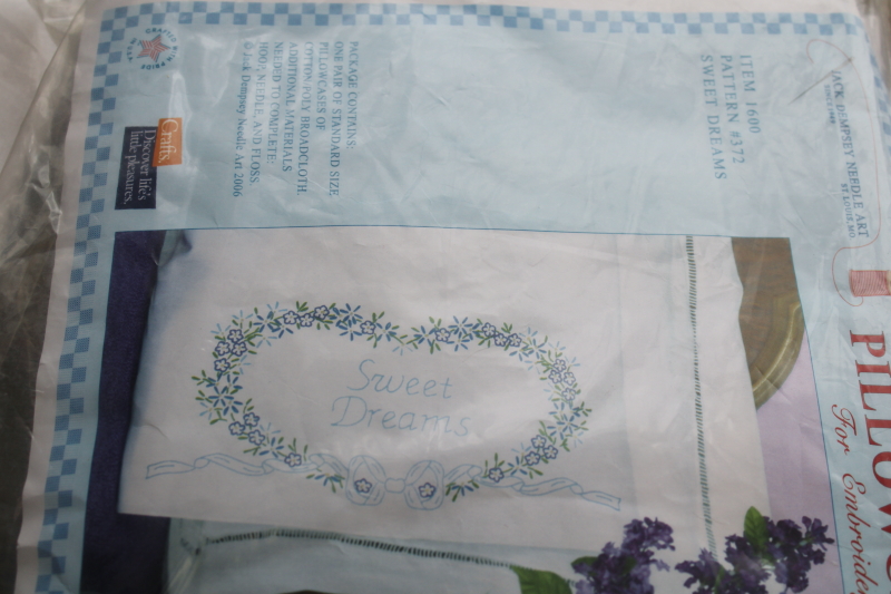 photo of lot of linens stamped to embroider, 4 pairs pillowcases w/ embroidery floss included  #10