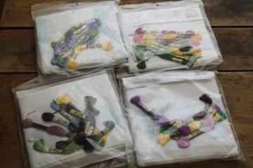 lot of linens stamped to embroider, 4 pairs pillowcases w/ embroidery floss included 