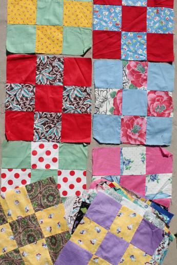 photo of lot of nine-patch patchwork quilt blocks, vintage cotton fabric quilt top blocks hand-stitched #1