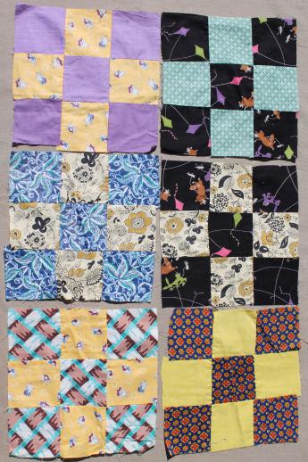 photo of lot of nine-patch patchwork quilt blocks, vintage cotton fabric quilt top blocks hand-stitched #2