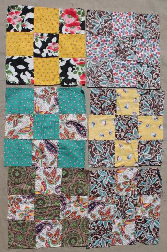 photo of lot of nine-patch patchwork quilt blocks, vintage cotton fabric quilt top blocks hand-stitched #3