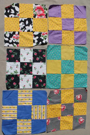 photo of lot of nine-patch patchwork quilt blocks, vintage cotton fabric quilt top blocks hand-stitched #5