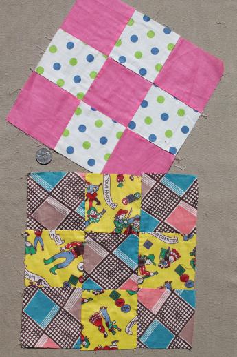 photo of lot of nine-patch patchwork quilt blocks, vintage cotton fabric quilt top blocks hand-stitched #6