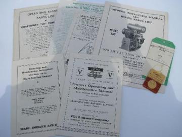 catalog photo of lot of old 1950 gas engine manuals, part lists, drawings etc.