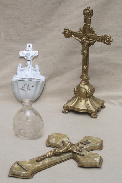 photo of lot of old Catholic religious pieces, wall hanging Cross & table Crucifix, Holy Water bottle & font #1