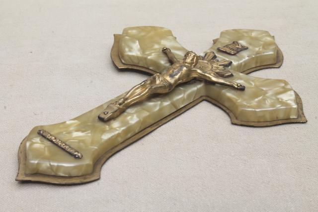 photo of lot of old Catholic religious pieces, wall hanging Cross & table Crucifix, Holy Water bottle & font #3