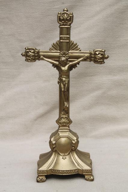 photo of lot of old Catholic religious pieces, wall hanging Cross & table Crucifix, Holy Water bottle & font #6