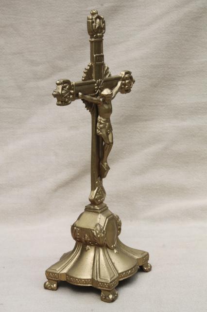 photo of lot of old Catholic religious pieces, wall hanging Cross & table Crucifix, Holy Water bottle & font #7