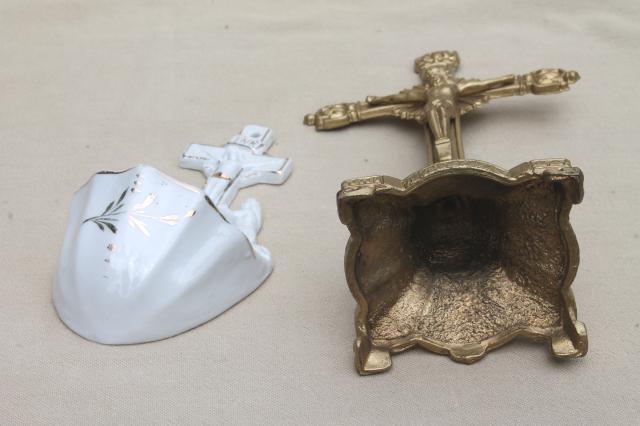 photo of lot of old Catholic religious pieces, wall hanging Cross & table Crucifix, Holy Water bottle & font #11