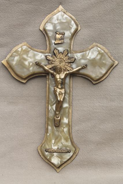 photo of lot of old Catholic religious pieces, wall hanging Cross & table Crucifix, Holy Water bottle & font #13