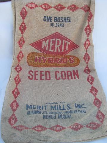 photo of lot of old Merit advertising seed corn bags, vintage cotton sacks #2