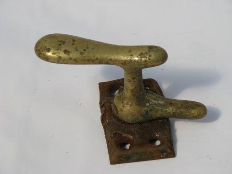 photo of lot of old antique architectural casement window or shutter latches, brass and iron #2