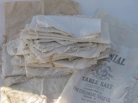 photo of lot of old antique cotton sugar sacks & salt bags, vintage farm primitive fabric #1