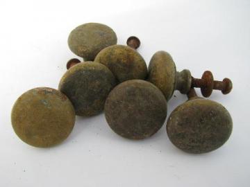 catalog photo of lot of old antique solid brass drawer knobs / pulls for furniture restoration