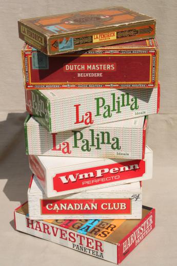 photo of lot of old cigar boxes w/ vintage advertising, Canadian Club, Harvester etc. #1