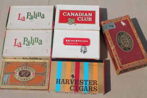 photo of lot of old cigar boxes w/ vintage advertising, Canadian Club, Harvester etc. #8