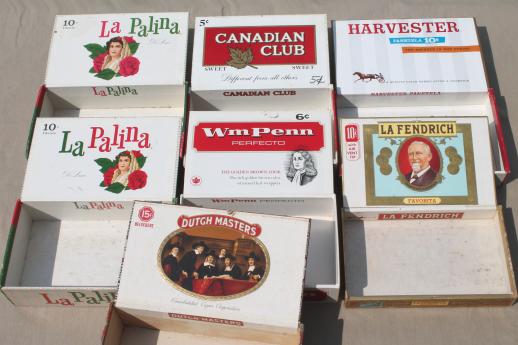 photo of lot of old cigar boxes w/ vintage advertising, Canadian Club, Harvester etc. #9