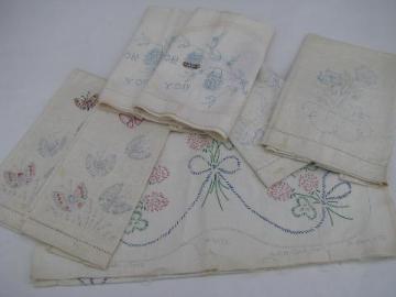 catalog photo of lot of old linens stamped to embroider, vintage towels, table runner