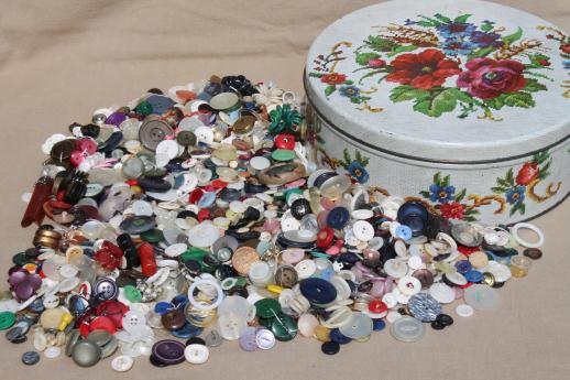 photo of lot of old plastic buttons in vintage flowered print tin sewing box #1