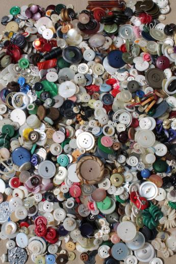 photo of lot of old plastic buttons in vintage flowered print tin sewing box #3