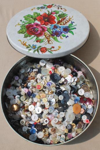 photo of lot of old plastic buttons in vintage flowered print tin sewing box #10