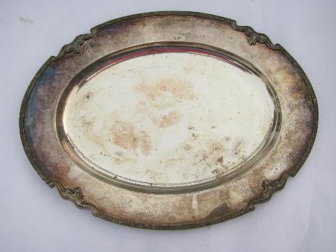 photo of lot of old silver plate, vintage serving trays, platters, chargers, plates #2