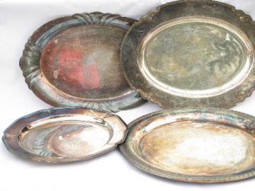 catalog photo of lot of old silver plate, vintage serving trays, platters, chargers, plates