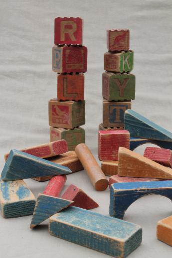 photo of lot of old wood alphabet letter blocks & wood building blocks, 1950s vintage? #1