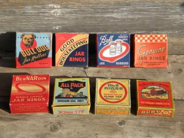 catalog photo of lot of original old fruit jar rubber gaskets in boxes vintage graphics