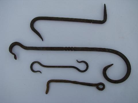 photo of lot of primitive hand forged wrought iron farm architectural and garden hardware hooks #1