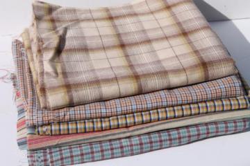 catalog photo of lot of retro 80s vintage shirting, wrinkle free poly blend plaid shirt fabric